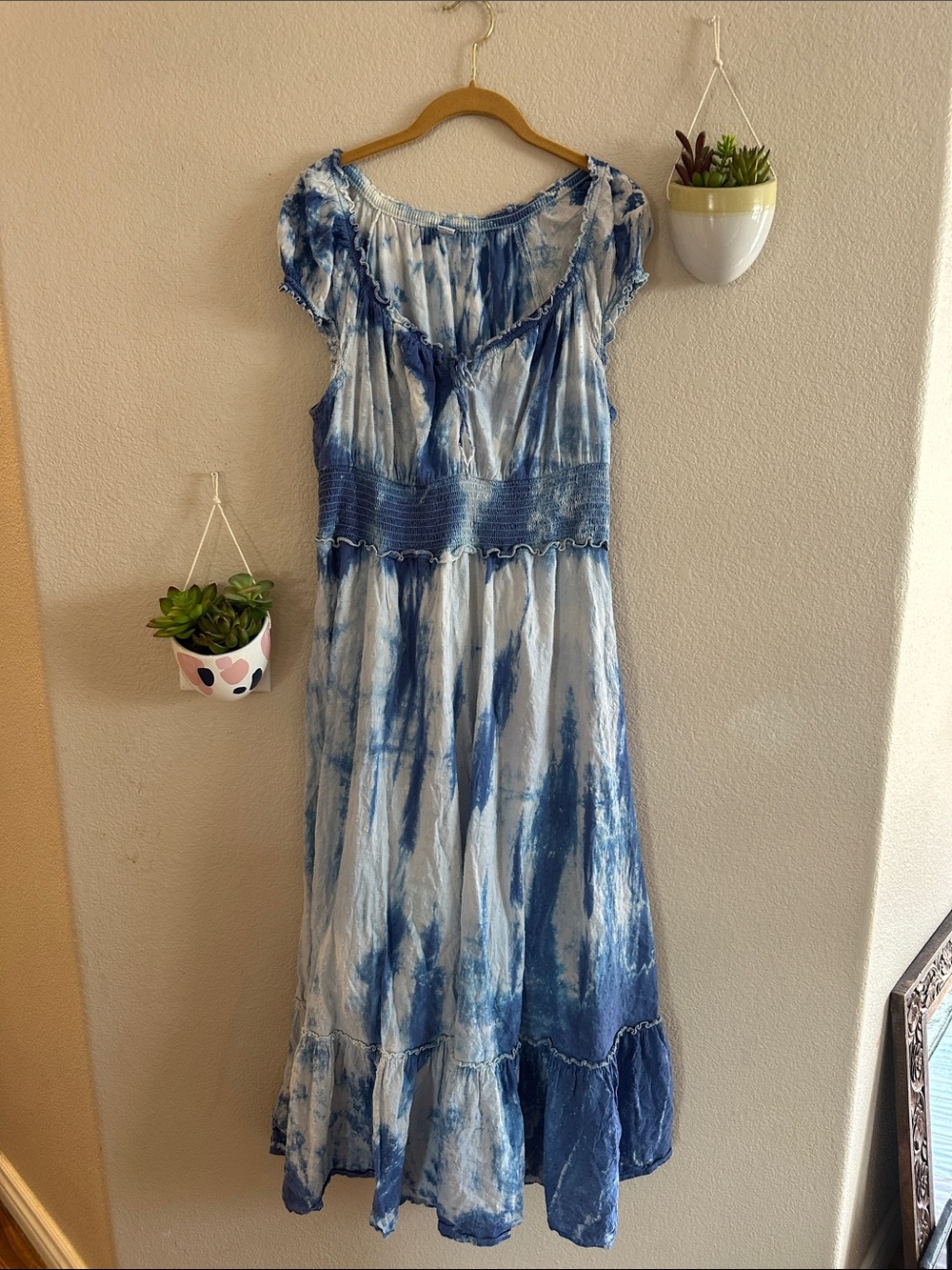 Old Navy Smocked Defined Waist Tie Dye Midi Cotton Dress Swiss Dot